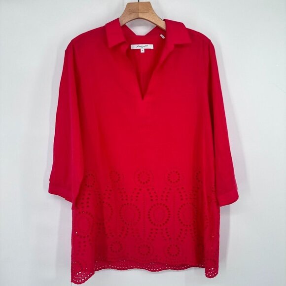 Foxcroft Red Tunic Top embroidered Eyelet Hem Size 10 Cotton popover - Picture 4 of 13